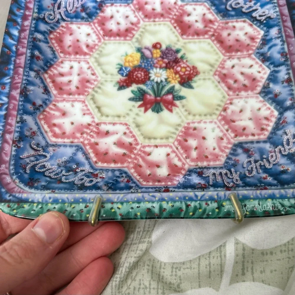 VTG Vibrantly Colored Faux Stitch Quilted Square Plate Mom + Friend Wall Art